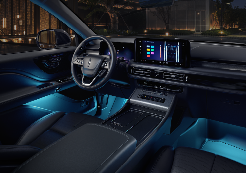 Deep blue ambient lighting glows from various places within a 2025 Lincoln Aviator® SUV. | Dan Cummins Lincoln in Nicholasville KY